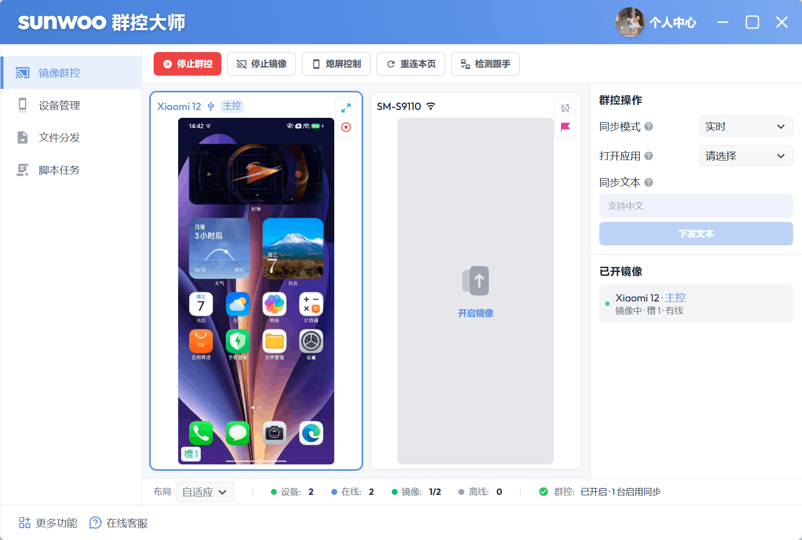 sunwoo群控大师镜像投屏界面